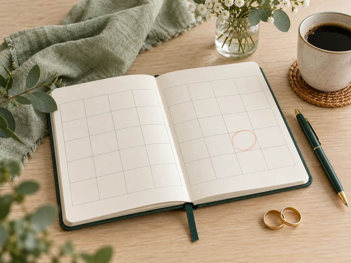 Imagem ilustrativa de um calendário de mesa, alianças e um pequeno arranjo de flores