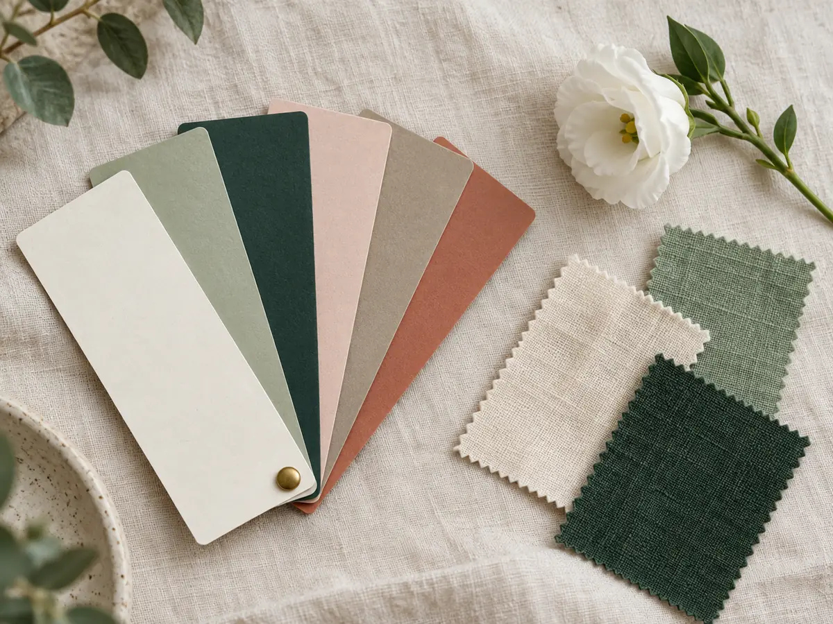 Imagem ilustrativa de amostras de papel e tecido em tons de verde, creme e pêssego