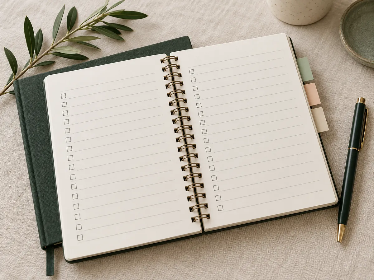 Imagem ilustrativa de um caderno de planejamento, caneta e detalhes do casamento