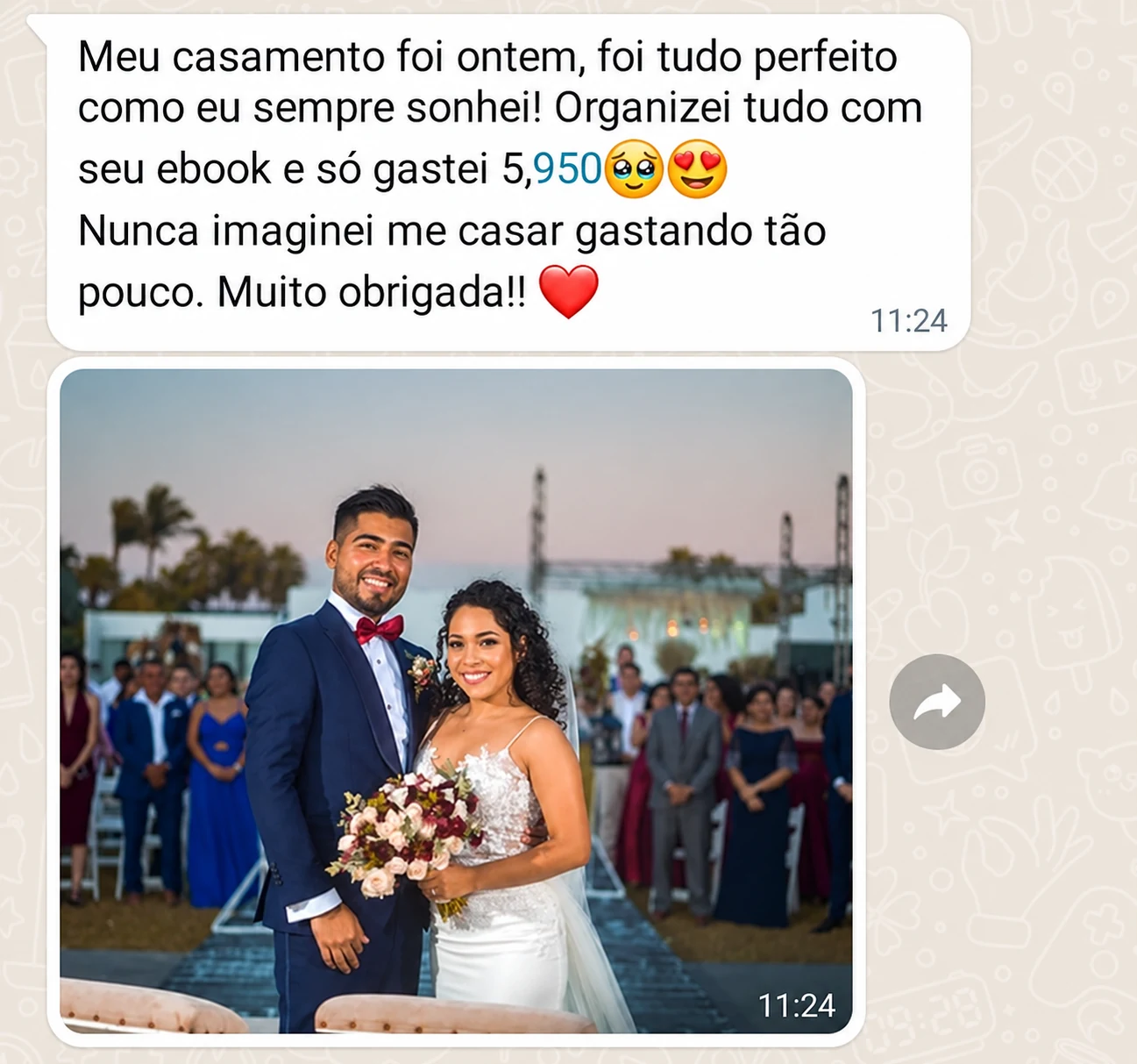 Referência externa: print de uma mensagem acompanhada da foto dos dois noivos, ampliado com auxílio de IA.