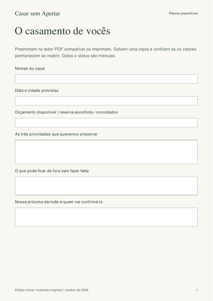 Página real do planner com campos para nomes, data, orçamento e prioridades