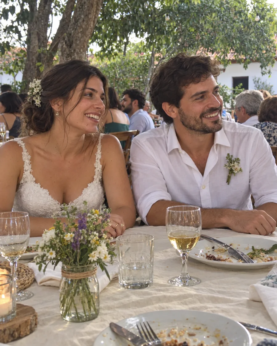 Imagem ilustrativa de um casal sentado lado a lado à mesa, com as mãos apoiadas naturalmente