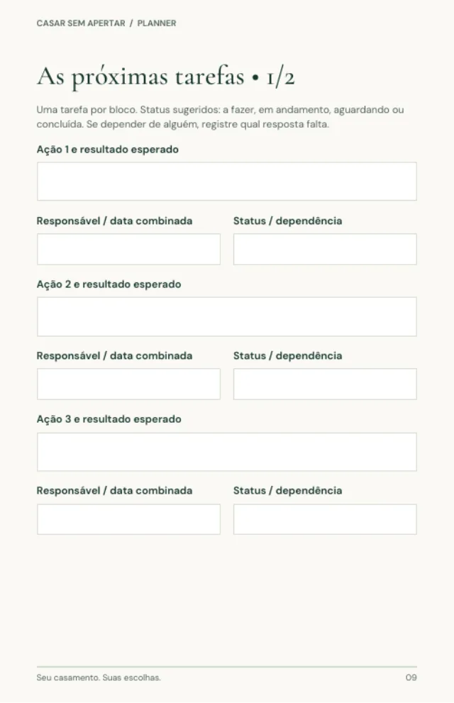 Página real do planner preenchível com campos de tarefa, responsável, prazo e status